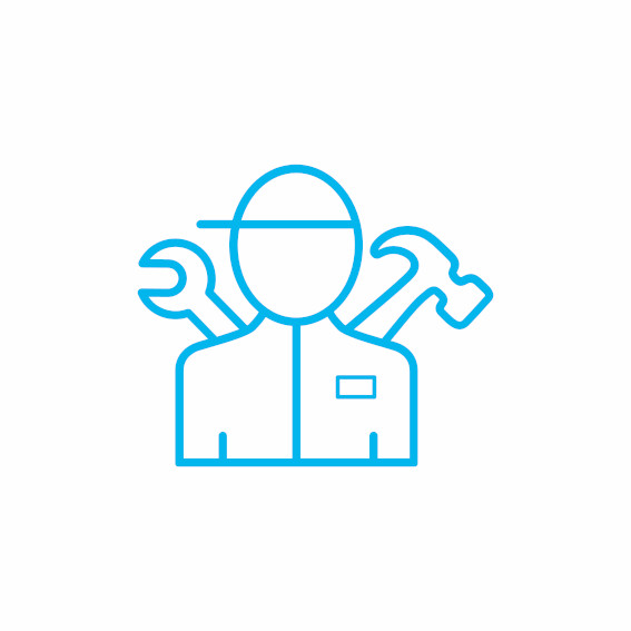 Hellblauens Icon: Handwerker in Handwerkskleidung mit Schraubendreher und Hammer Hellblauens Icon: Handwerker in Handwerkskleidung mit Schraubendreher und Hammer