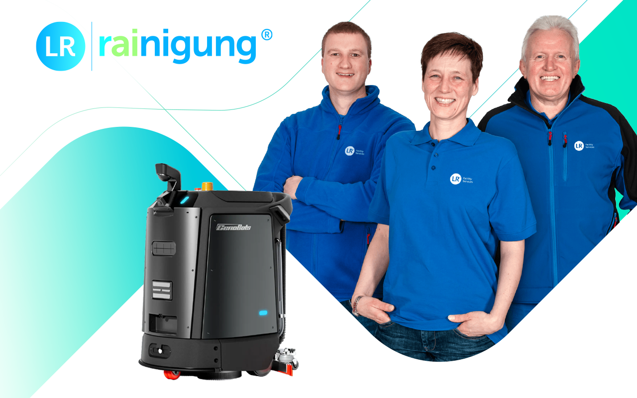 Drei Mitarbeiter von LR, eine Frau in der Mitte und zwei Männer links und rechts von ihr, sind einem grafischen Verlaufselement eingebettet.