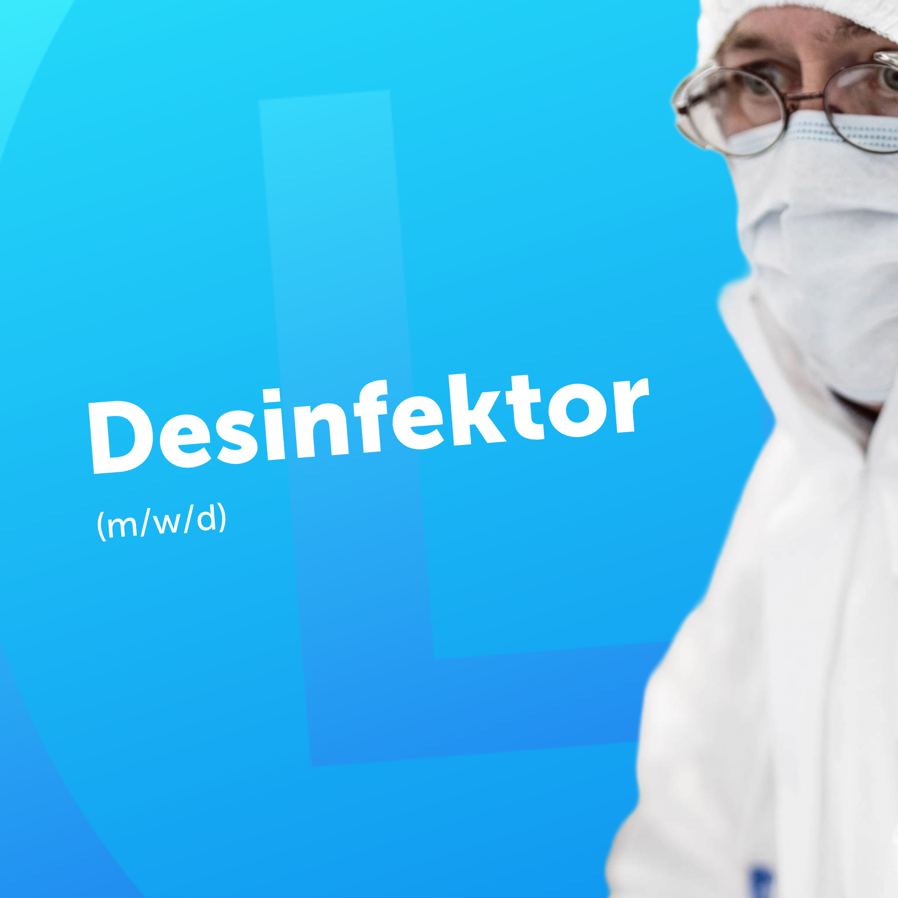 Job Creatives-15-A12 Desinfektor Healthcare worker in a white protective suit and mask against a bright blue background with large white text saying Desinfektor (partial).