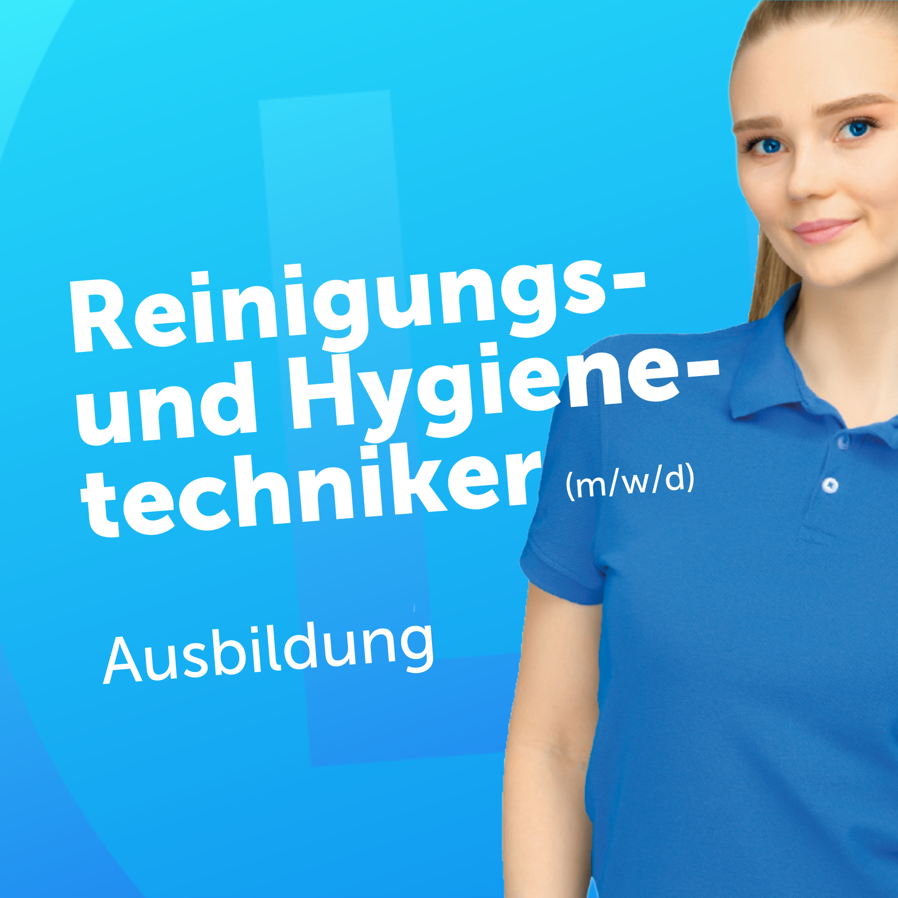 Job Creatives-7-A13 Azubi Geb Young woman in a blue polo on a bright blue background with large white German text about Ausbildung (training).
