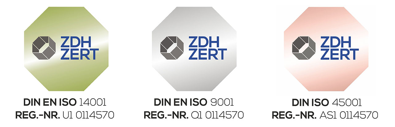 ZDH-ZERT-Siegel-14001-9001-45001 Option 1 (Optimaler Mix aus Beschreibung und SEO-Keywords): "Drei ZDH-ZERT Prüfsiegel für zertifiziertes Qualitätsmanagement (DIN EN ISO 9001), Umweltmanagement (DIN EN ISO 14001) und Arbeitssicherheit (DIN ISO 45001).